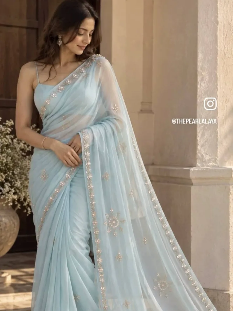 Aqua-Blue Chiffon saree, hand adorned — Chiffon saree