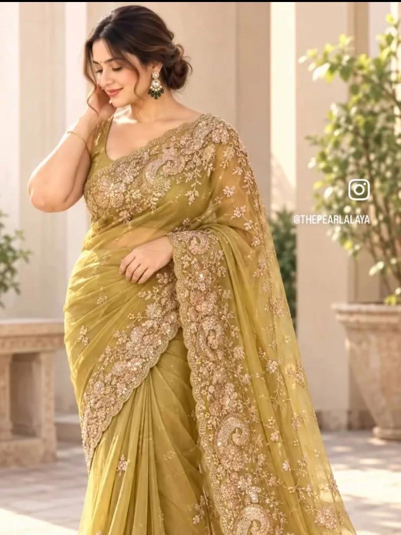 Olive green organza saree — Organza saree